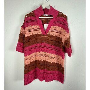 Zara Womens Crochet Knit Striped Sweater S-M Short Sleeve Pink Pullover New